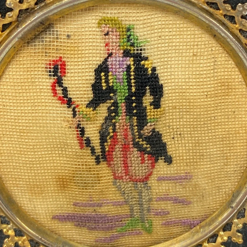 VTG‎ Micro Needlepoint Ashtray Figure Man Brass Trim Black